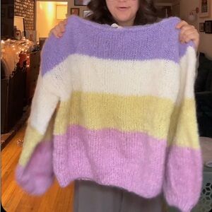 Sezane Purple and White Crew Neck Sweater
